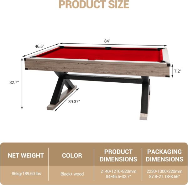 7 FT Billiard Tables, Pool Table with 2 Cue Sticks, Billiard Balls, Cues, Cleaning Brush, X-Legs, 84" L x 46.5" W x 32.7" H - Image 3