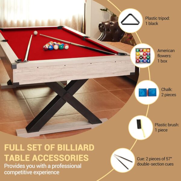 7 FT Billiard Tables, Pool Table with 2 Cue Sticks, Billiard Balls, Cues, Cleaning Brush, X-Legs, 84" L x 46.5" W x 32.7" H - Image 4