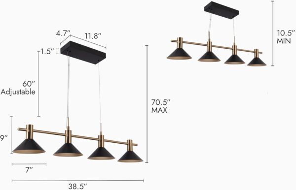 ZEVNI Pool Table Light, 4-Light LED Kitchen Island Lighting, 38.5" Black Gold Chandelier for Dining Room, 3045K Warm White, 1155LM, Large Chandelier for Dining Room - Image 5