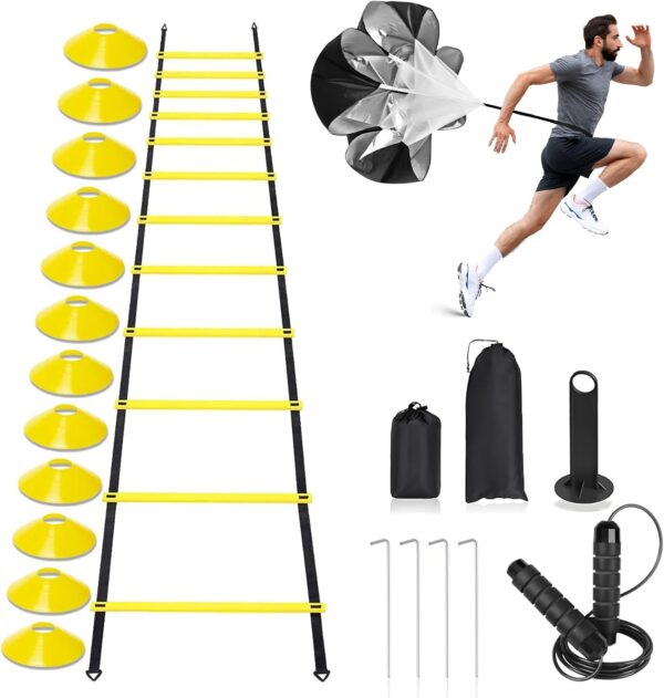 Agility Ladder,Speed Training Equipment Set,20ft Rungs Speed Ladder,Soccer Cones,Jump Rope, Running Resistance Umbrella,Basketball Equipment Football Fitness Training Equipment for Kids Youth Adults - Image 2