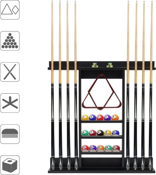 Pool Cue Rack, Wall Mounted Billiard Stick Holder,Holds 8 Cues and Full Set of Balls, Pool Table Accessories Organizer for Billiard Room or Club - Image 4