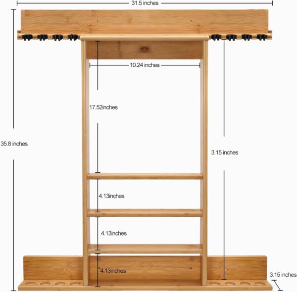 Pool Cue Rack, Bamboo Pool Sticks Holder Wall Mount, Holds 8 Cues and Full Set of Balls, Pool Table Accessories Organizer for Billiard Room or Club - Image 8