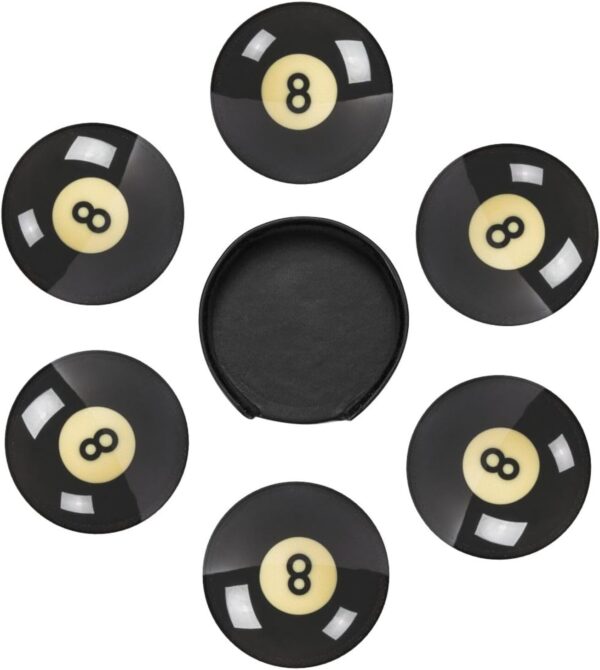 Black 8 Billiard Coasters for Drinks with Holder Round Leather Coasters Set of 6 Cups Mugs Mat Pad for Home Kitchen Bar - Image 3