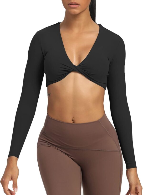 Aoxjox Long Sleeve Crop Tops for Women Sienna Twist Deep V Workout Cropped T Shirt Top - Image 4