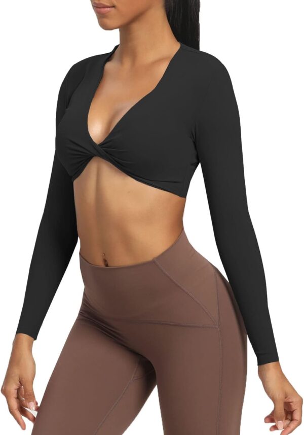 Aoxjox Long Sleeve Crop Tops for Women Sienna Twist Deep V Workout Cropped T Shirt Top - Image 2