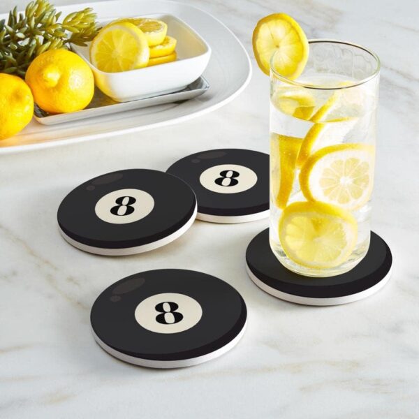 Pool Billiard Ball #8, Joyride Home Decor, 4 Ceramic Coasters, 4-inch Circle Drink Coasters, Set of 4, Non-Slip Cork Back, Protects Surfaces, Express Your Style. - Image 3