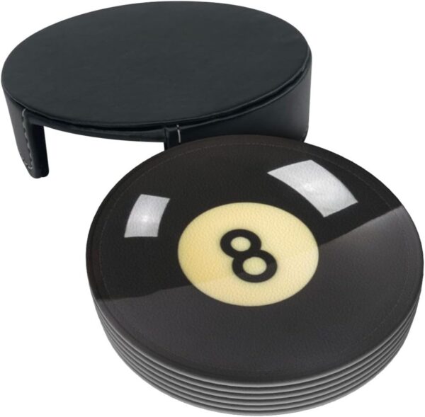 Black 8 Billiard Coasters for Drinks with Holder Round Leather Coasters Set of 6 Cups Mugs Mat Pad for Home Kitchen Bar - Image 9