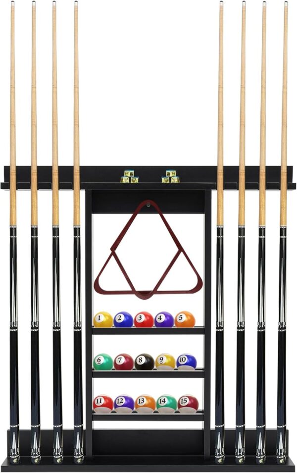 Pool Cue Rack, Wall Mounted Billiard Stick Holder,Holds 8 Cues and Full Set of Balls, Pool Table Accessories Organizer for Billiard Room or Club - Image 2