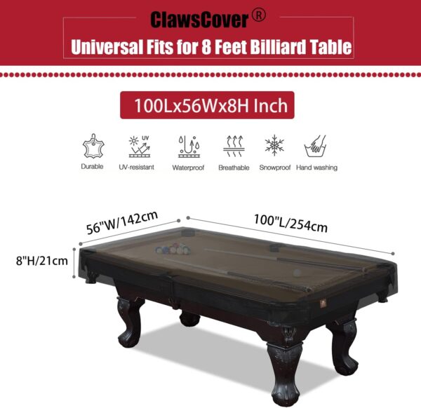 7/8/9 Feet Billiard Pool Table Covers Waterproof Outdoor Indoor Scratched-Free Polyester Cloth All Season Rain Dust Sun Protection Snooker Patio Furniture Cover,8FT-100Lx56Wx8H Inch - Image 3