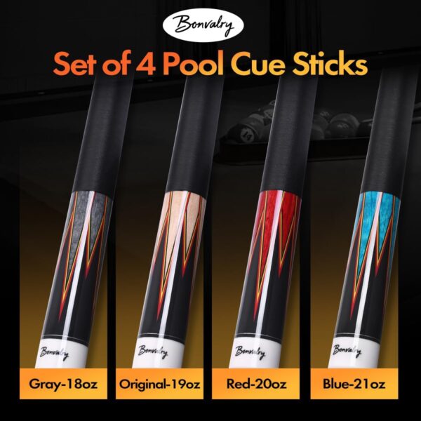 58" Pool Cue Sticks Set of 4, Maple Shaft 13mm Tip, Decals Pattern Butt with Nylon Wrap - Image 3