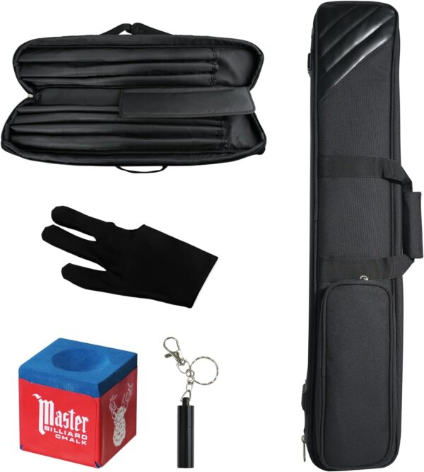 3×4 Pool Cue Case, Pool Stick Case Holds 3 Heads and 4 Shafts with Front Accessory Pocket and Adjustable Shoulder Strap, Holds Cues and Accessories, Comes with Gloves, Tip Tool, Chalk, Black - Image 2