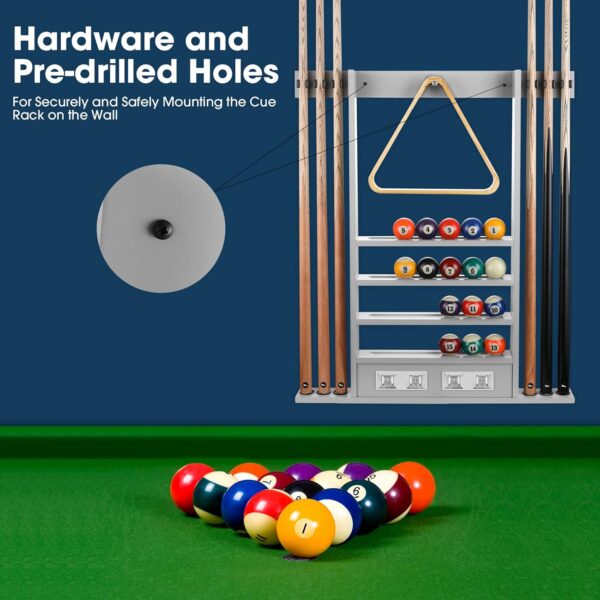 2-IN-1 Pool Cue Rack & Score Counter, Holds 6 Pool Sticks, Full Set of Balls & Accessories, Solid Rubber Wood, Wall Mount, Gray - Image 6