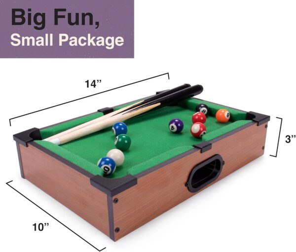 Tabletop Pool, Mini Pool Table & Billiard Set | Small Billiards Game with 16 Resin Balls, 2 Pool Cues, Triangle Rack, & Chalk | Travel-Friendly & Office Desk Games, Bartop, or Home Use & Easy Storage - Image 7