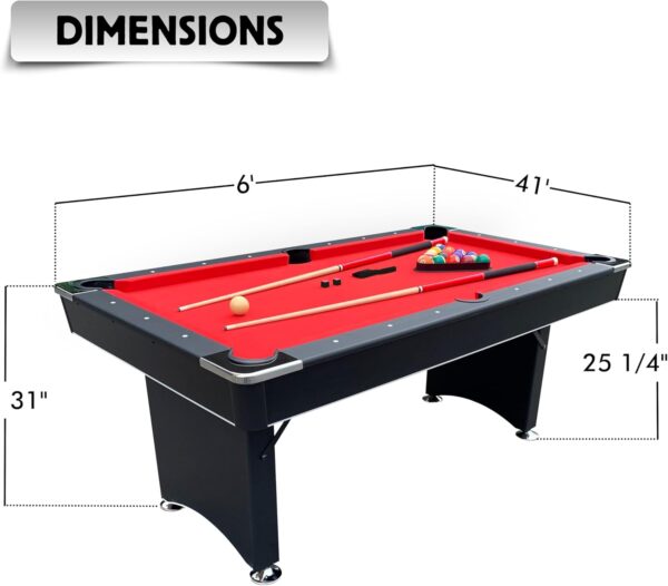 6 FT Pool Table. Includes Billiard Tables Accessories- 2 Pool Cues, Set of Pool Table Balls, Triangle, Pool Table Brush, Chalk, No Assembly, Portable - Image 7