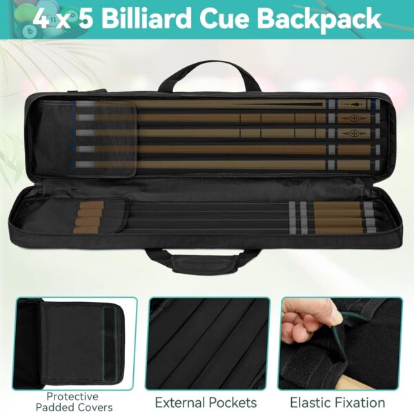 Pool Cue Case 4x5,Pool Stick Case Holds 4 Butts 5 Shafts,Billiard Cue Backpack with Multiple Accessory Pockets,Durable Billiard Stick Carrying Case with Adjustable Shoulder Straps & Handle - Image 5