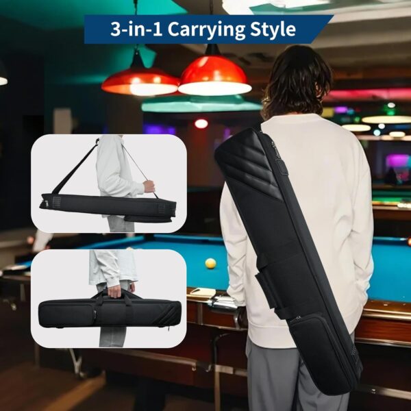 3×4 Pool Cue Case, Pool Stick Case Holds 3 Heads and 4 Shafts with Front Accessory Pocket and Adjustable Shoulder Strap, Holds Cues and Accessories, Comes with Gloves, Tip Tool, Chalk, Black - Image 6