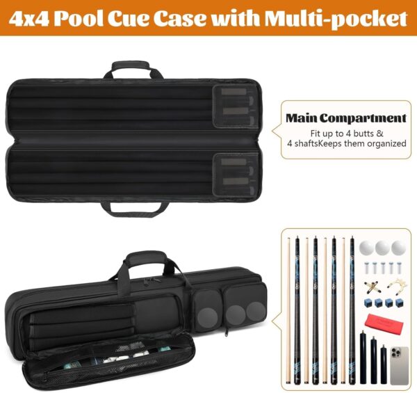 Pool Cue Case 4x4, Pool Stick Case Cue Bag with Hidden Backpack-Strap, Cue Stick Case Holds 4 Butts and 4 Shafts, Billiard Pool Cue Carrying Case with Large Front Accessory Pockets - Image 4