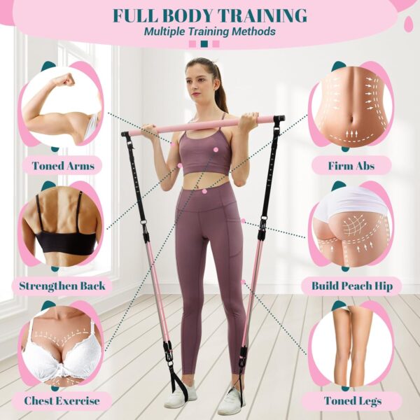 Pilates Bar Kit with Resistance Bands, Multifunctional Yoga Pilates Bar with Heavy-Duty Metal Adjustment Buckle, Portable Home Gym Pilates Resistance Bar Kit for Women Full Body Workouts - Image 7