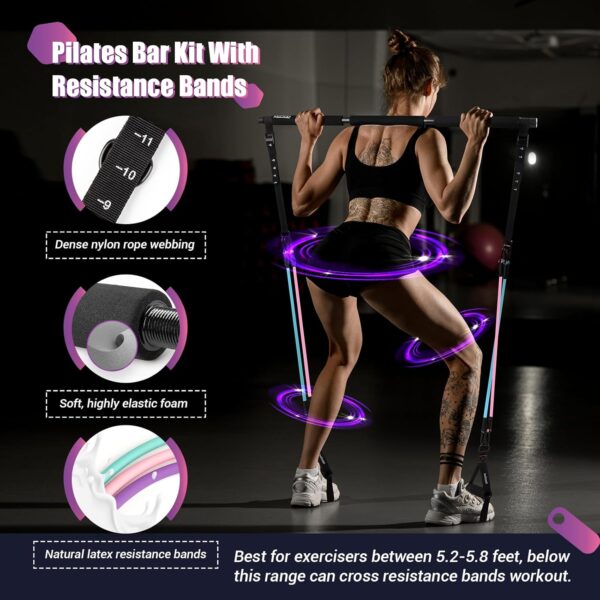 Pilates Bar Kit with Resistance Bands, Multifunctinal Exercise Bar with Ab Roller for Pilates/Abs/Weight Loss, Portable Home Gym Pilates bar kit for Full Body Training Women - Image 4