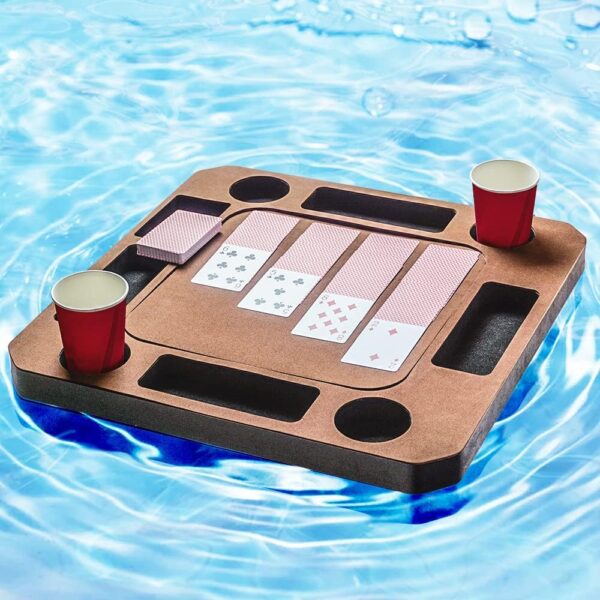 Floating Game or Card Table Tray for Pool or Beach Party Float Lounge Durable Foam Drink Holders with Waterproof Playing Cards (Brown) - Image 2