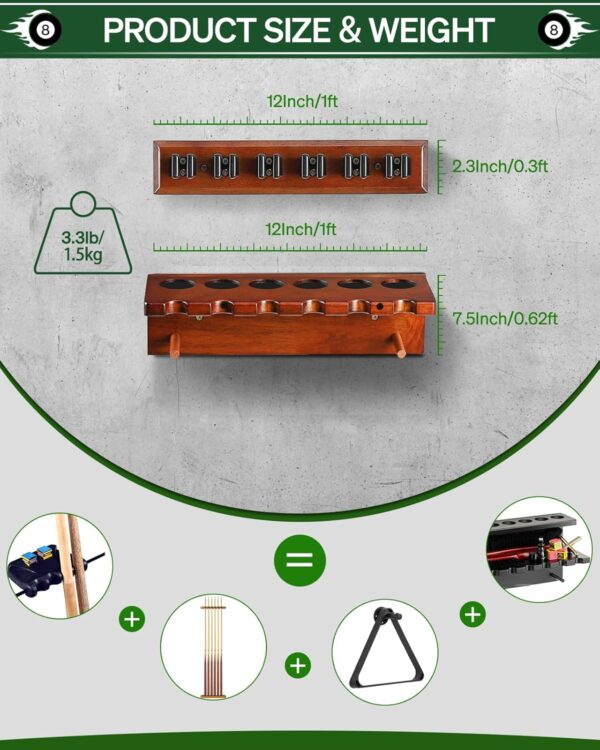 Pool Cue Rack Stick Holder - Wall Mount Billiards Pool Cue Rack Oak Solid Hardwood Pool Cue Set Holder for 6 Cues Sticks Storage Pool Table Accessories Equipment Organizer - Image 7