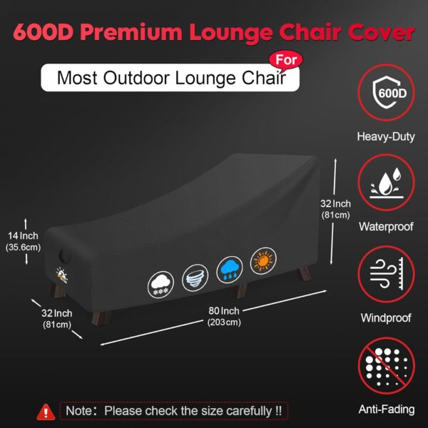 Outdoor Lounge Chair Cover - Waterproof Patio Chaise Lounge Chair Cover, 600D Heavy Duty Fade-Resistant Outdoor Seating Cover for Pool Lounge Chair, Lawn Bench Furniture 80 x 32 x 32 Inch - Image 3