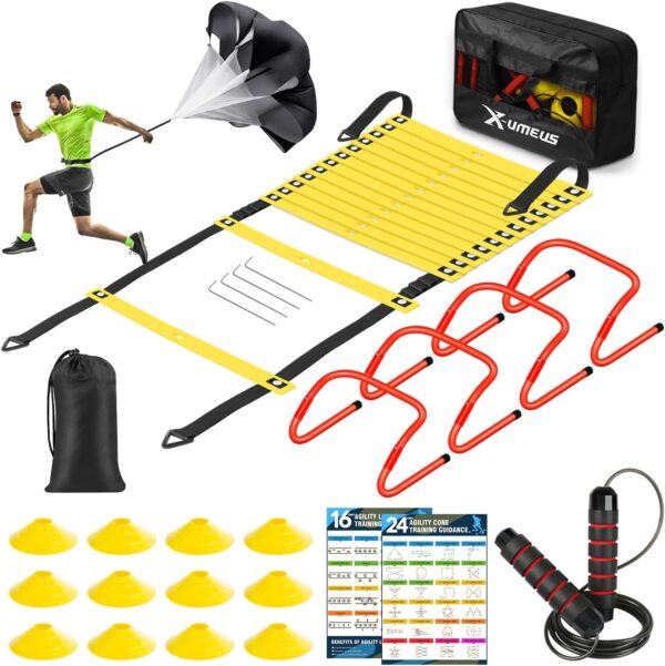 Agility Ladder Speed Training Equipment Set-20ft Agility Ladder,12 Soccer Cones,4 Hurdles, Jump Rope, Running Parachute| Basketball Football Soccer Training Equipment for Kids Youth Adults - Image 2