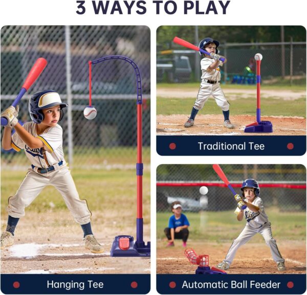 3-in-1 Kids Baseball Set for Ages 3-5/5-8, Batting Tee, Stand Tee, Pitching Machine with 6 Plastic Softballs & Bat, Adjustable Height, Indoor/Outdoor Backyard Sport Games Gifts for Boys & Girls, Blue - Image 3