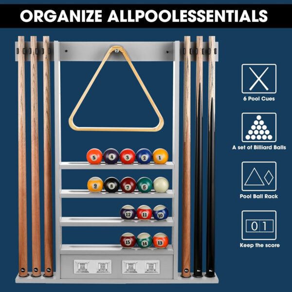 2-IN-1 Pool Cue Rack & Score Counter, Holds 6 Pool Sticks, Full Set of Balls & Accessories, Solid Rubber Wood, Wall Mount, Gray - Image 3