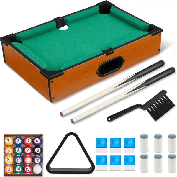 Shappy Mini Pool Table Set Pool Table for Cats Small Billiards Game with 16 Balls 2 Billiard Sticks 6 Chalk Cube 6 Pool Cue Tip 1 Brush 1 Triangle Tabletop Portable Billiard for Home Office Desk Cat - Image 2