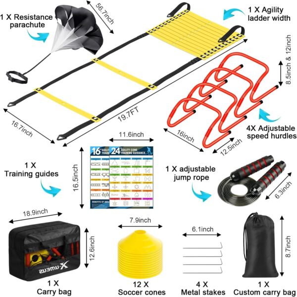 Agility Ladder Speed Training Equipment Set-20ft Agility Ladder,12 Soccer Cones,4 Hurdles, Jump Rope, Running Parachute| Basketball Football Soccer Training Equipment for Kids Youth Adults - Image 3