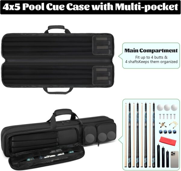 Pool Cue Case - 4x4 Padded Pool Cue Bag - Holds 4 Butts and 4 Shafts, Multiple Accessory Pockets - Image 4