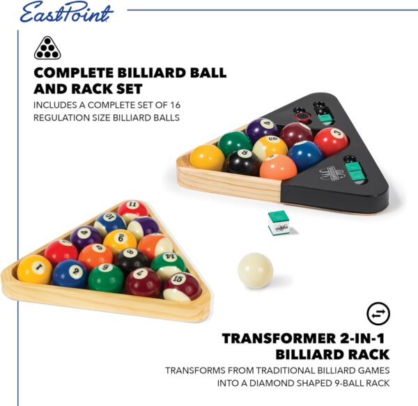 EastPoint Sports Masterton Billiard Ball Set - Full Set Tournament Spec Resin Billiard Balls - Wooden 8-Ball Rack with 9 Ball Insert - Includes Chalk and Scuffer - Image 4