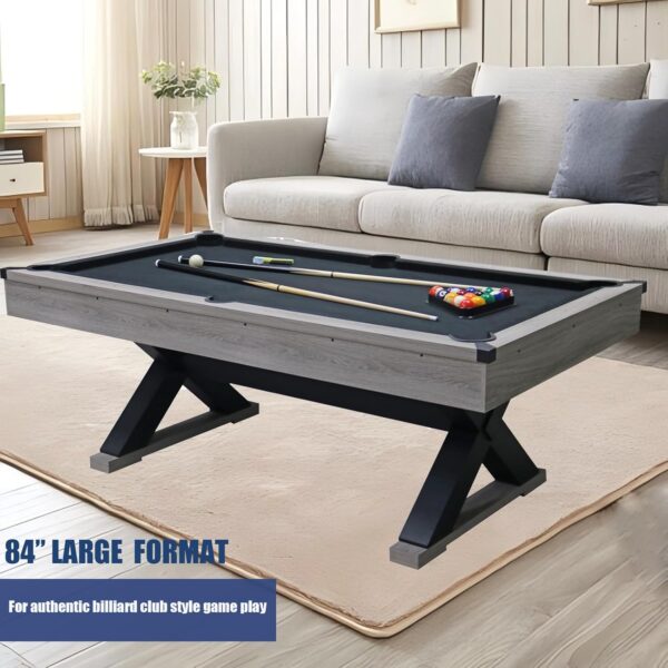 7 FT Pool Table with Rustic Finish,Modern Billiards Table with 2 Cue Sticks, Billiard Balls, Cues, Cleaning Brush,Stable Legs,Black Cloth, Rustic Grey,84.1" L x 46.5" W x 32" H - Image 3