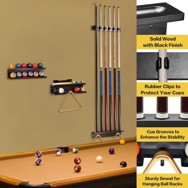 GOOX Pool Stick Holder Wall Mount-Billiards Pool Cue Holder Only, 100% Wood Pool Cue Rack Wall Mount for 6 Pool Sticks and Billiards Accessories, Pool Stick Rack Set Pool Table Accessories Organizer - Image 5