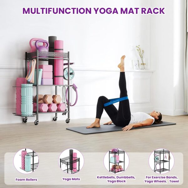 Yoga Mat Storage Rack, Home Gym Storage Rack Yoga Mat Holder, VOPEAK Workout Storage for Yoga Mat, Foam Roller, Gym Organizer Gym Equipment Storage for Home Exercise and Fitness Gear - Image 8