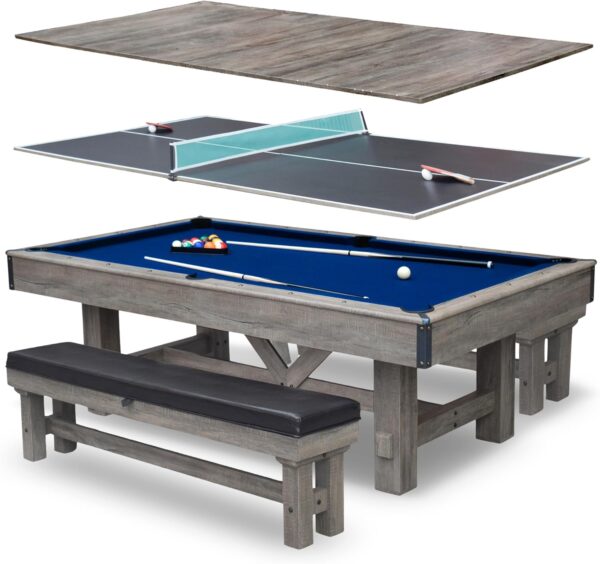 Hathaway Logan 7-ft Pool Table Combo Set with Benches - Rustic Gray with Blue Felt, Barnwood - Image 2