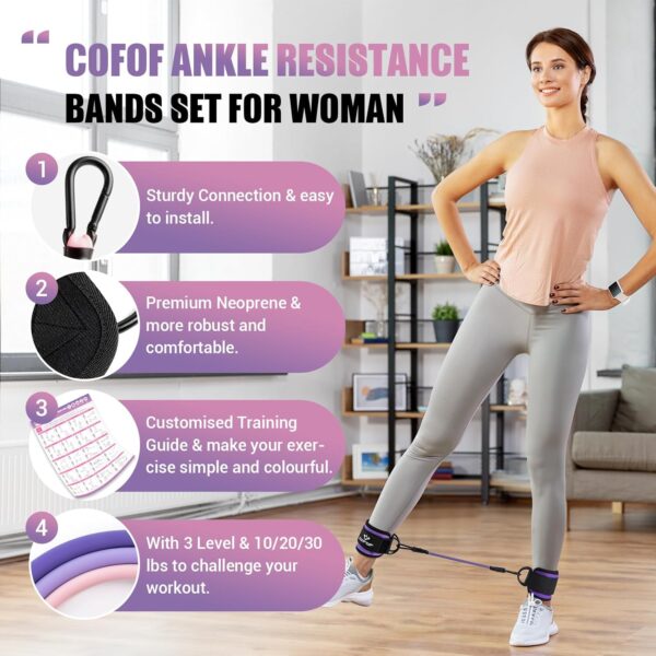 Ankle Resistance Bands with Cuffs, Ankle Bands for Working Out, Ankle Band Cuff for Kickbacks Hip, Leg Glute Exercise Equipment with Training Poster, Resistance Band with Ankle Cuffs for Women - Image 3