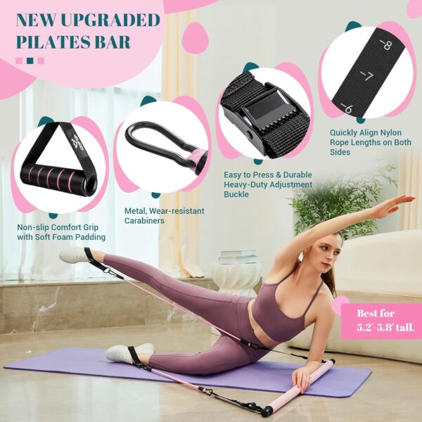 Pilates Bar Kit with Resistance Bands, Multifunctional Yoga Pilates Bar with Heavy-Duty Metal Adjustment Buckle, Portable Home Gym Pilates Resistance Bar Kit for Women Full Body Workouts - Image 3