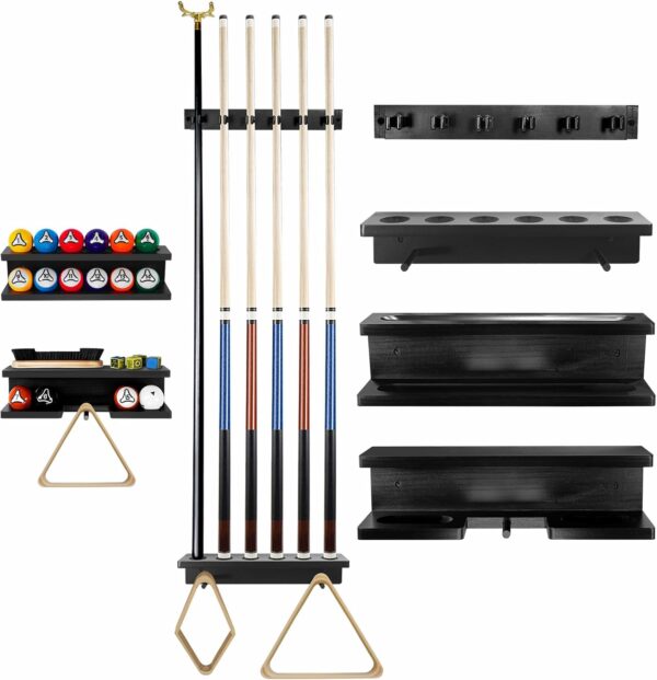 GOOX Pool Stick Holder Wall Mount-Billiards Pool Cue Holder Only, 100% Wood Pool Cue Rack Wall Mount for 6 Pool Sticks and Billiards Accessories, Pool Stick Rack Set Pool Table Accessories Organizer - Image 2