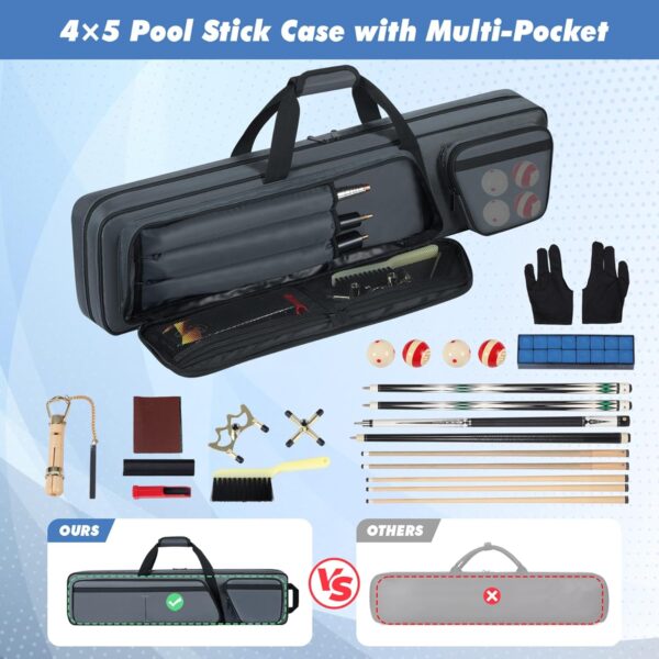 4x5 Pool Cue Bag, Portable Pool Stick Bag with Multi-Pocket for 4 Butts and 5 Shafts, Billiard Pool Cue Carrying Bag with Shoulder Straps and Handle, Soft Pool Stick Bag with Accessories Pocket - Image 4