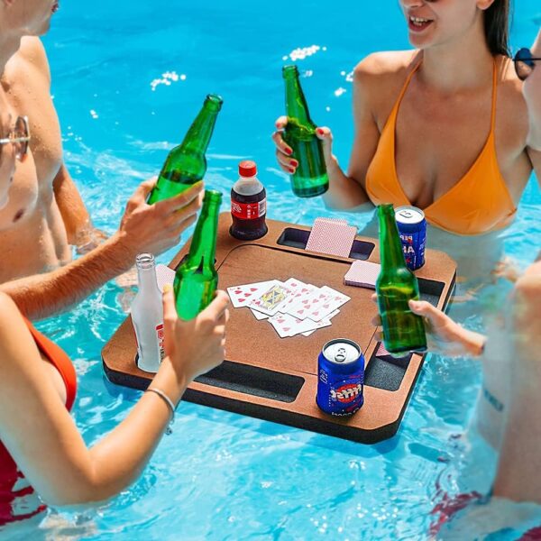 Floating Game or Card Table Tray for Pool or Beach Party Float Lounge Durable Foam Drink Holders with Waterproof Playing Cards (Brown) - Image 7