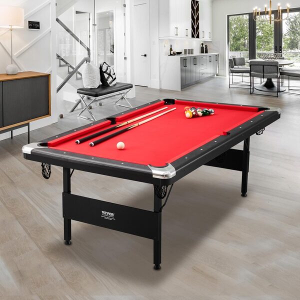 VEVOR Billiards Table, 7 ft Pool Table, Portable Foldable Space-Saving Table, Billiard Table Set Includes Balls, Cues, Chalks and Brush, Black with Red Cloth, Perfect for Family Game Room Kids Adults - Image 9