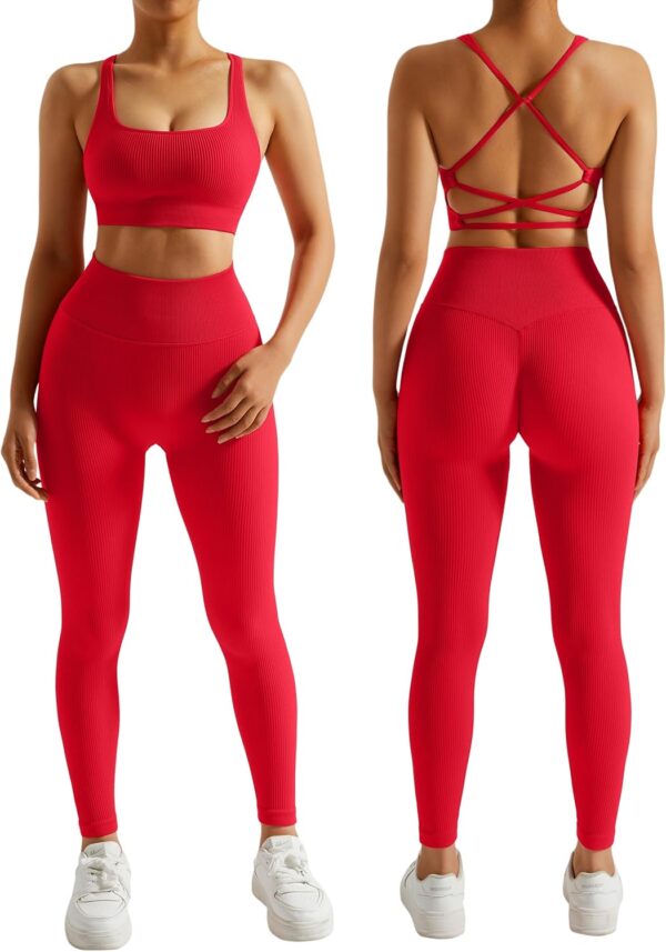 RXRXCOCO Ribbed Workout Sets for Women 2 Piece Backless Strappy Sports Bra Seamless Leggings Matching Set Yoga Outfits - Image 2