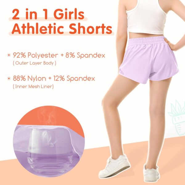 QooNoo Girls Athletic Shorts with Zipper Pocket Lightweight Elastic Waist Running Shorts for Teen Girls Kids Active Sports - Image 3