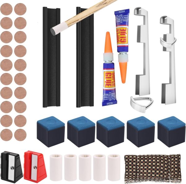 Vefungyan 39pcs Pool Cue Repair Kit: 2 Pool Cue Tip Clamp 20 Billiard Cue Tips 4 Shaper 5 Chalk Cubes 5 Pool Cue Repairers 2 Planers - Image 2