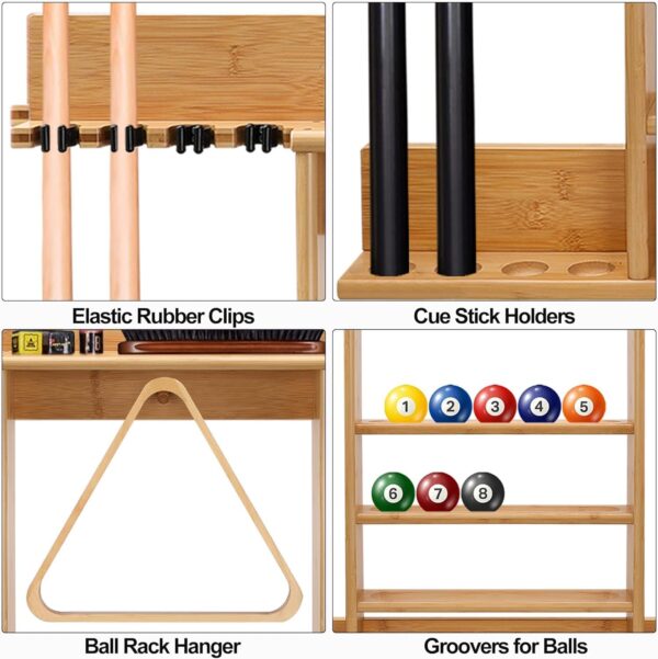 Pool Cue Rack, Bamboo Pool Sticks Holder Wall Mount, Holds 8 Cues and Full Set of Balls, Pool Table Accessories Organizer for Billiard Room or Club - Image 4