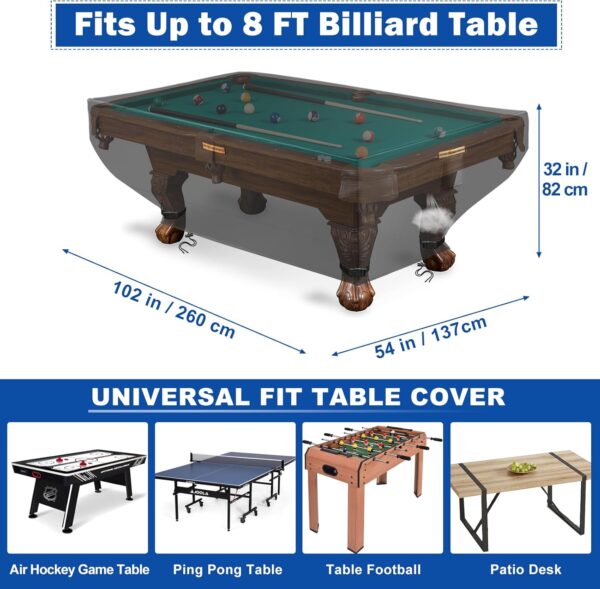 8ft Pool Table Covers, Billiard Table Covers Windproof, 420D Oxford Pool Table Cover 8 Feet Indoor Dustproof, Universal Fit Snooker Ping Pong Cover for Pool Table Game (102x53x32in) - Image 8