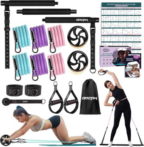 Pilates Bar Kit with Resistance Bands, Multifunctinal Exercise Bar with Ab Roller for Pilates/Abs/Weight Loss, Portable Home Gym Pilates bar kit for Full Body Training Women - Image 2