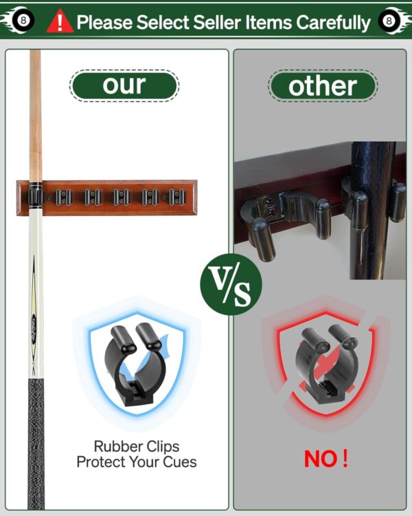 Pool Cue Rack Stick Holder - Wall Mount Billiards Pool Cue Rack Oak Solid Hardwood Pool Cue Set Holder for 6 Cues Sticks Storage Pool Table Accessories Equipment Organizer - Image 4
